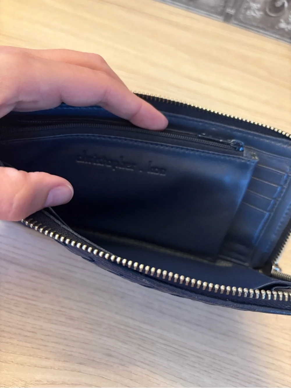 Christopher Kon Navy Woven Leather Zip Wallet